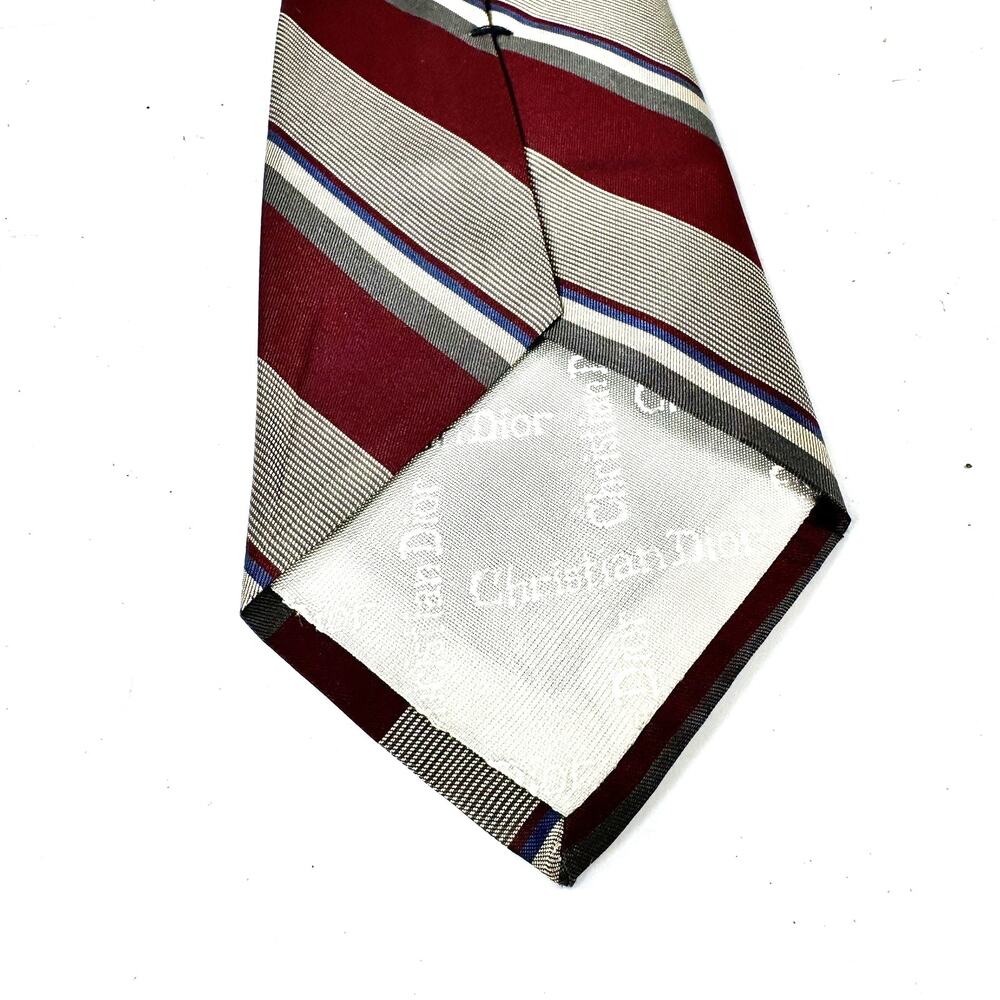 Christian Dior Mens Silk Necktie Burgundy Silver‎ Navy Blue Diagonal Striped Tie - Picture 3 of 4
